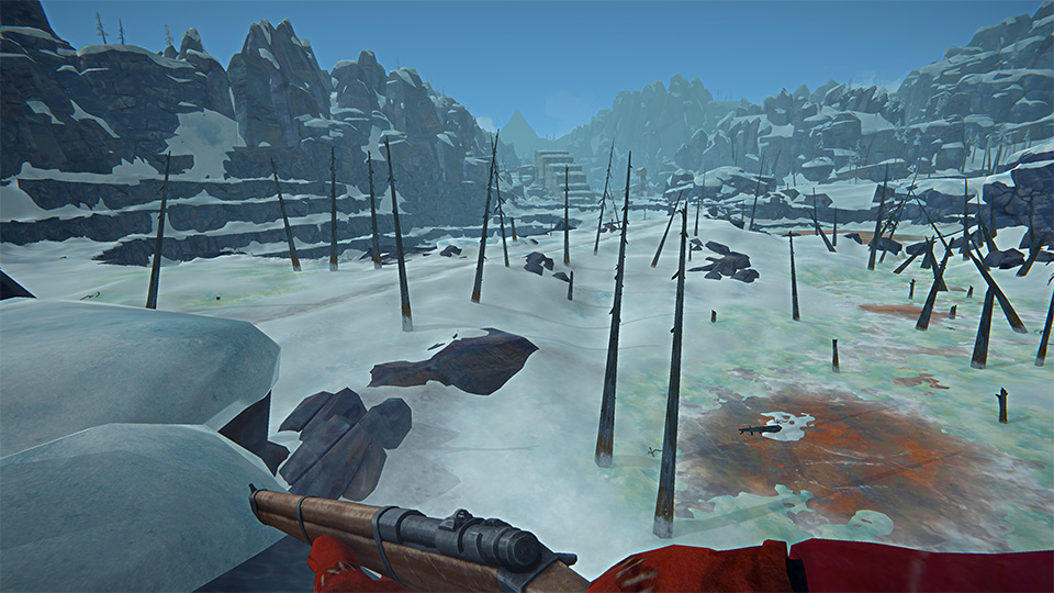 First-person view of a snowy wasteland with dead trees and contaminated ice patches, seen over a rifle barrel.