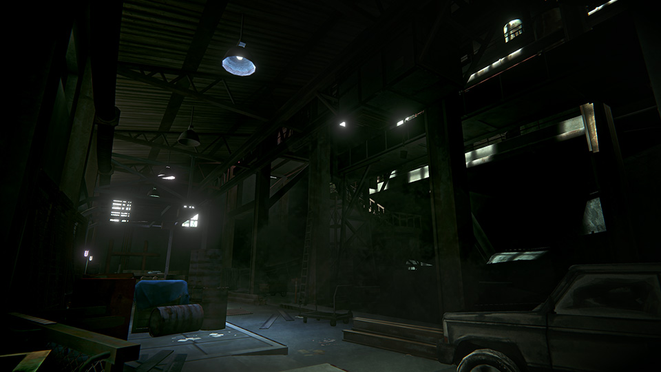 Dark garage interior with shafts of light filtering through windows, highlighting a dusty truck and scattered workshop tools.