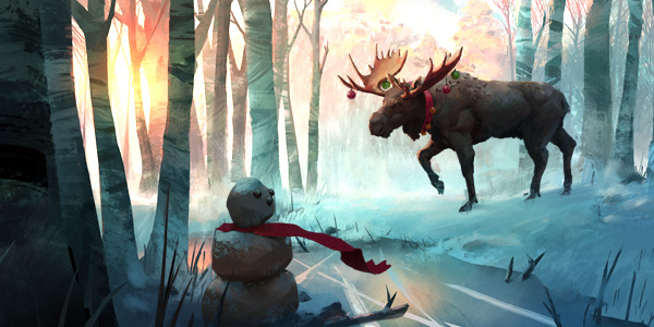 Post apocalyptic snowman and moose with christmas decoration